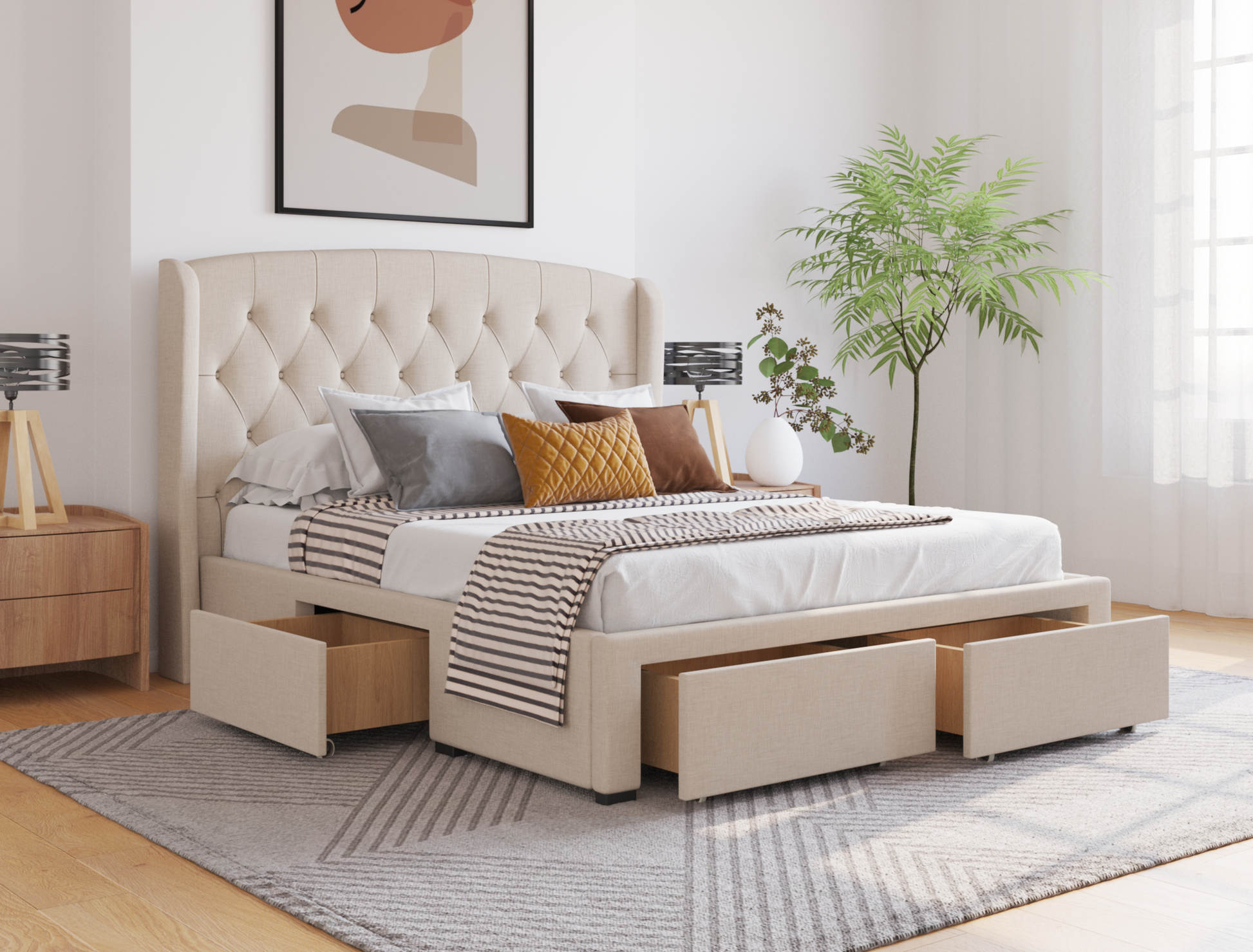 top view of a queen bed frame with pillows and mattress in a bedroom from Isaak