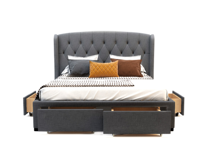 front view of a double bed frame with pillows and mattress in a white background from Isaak