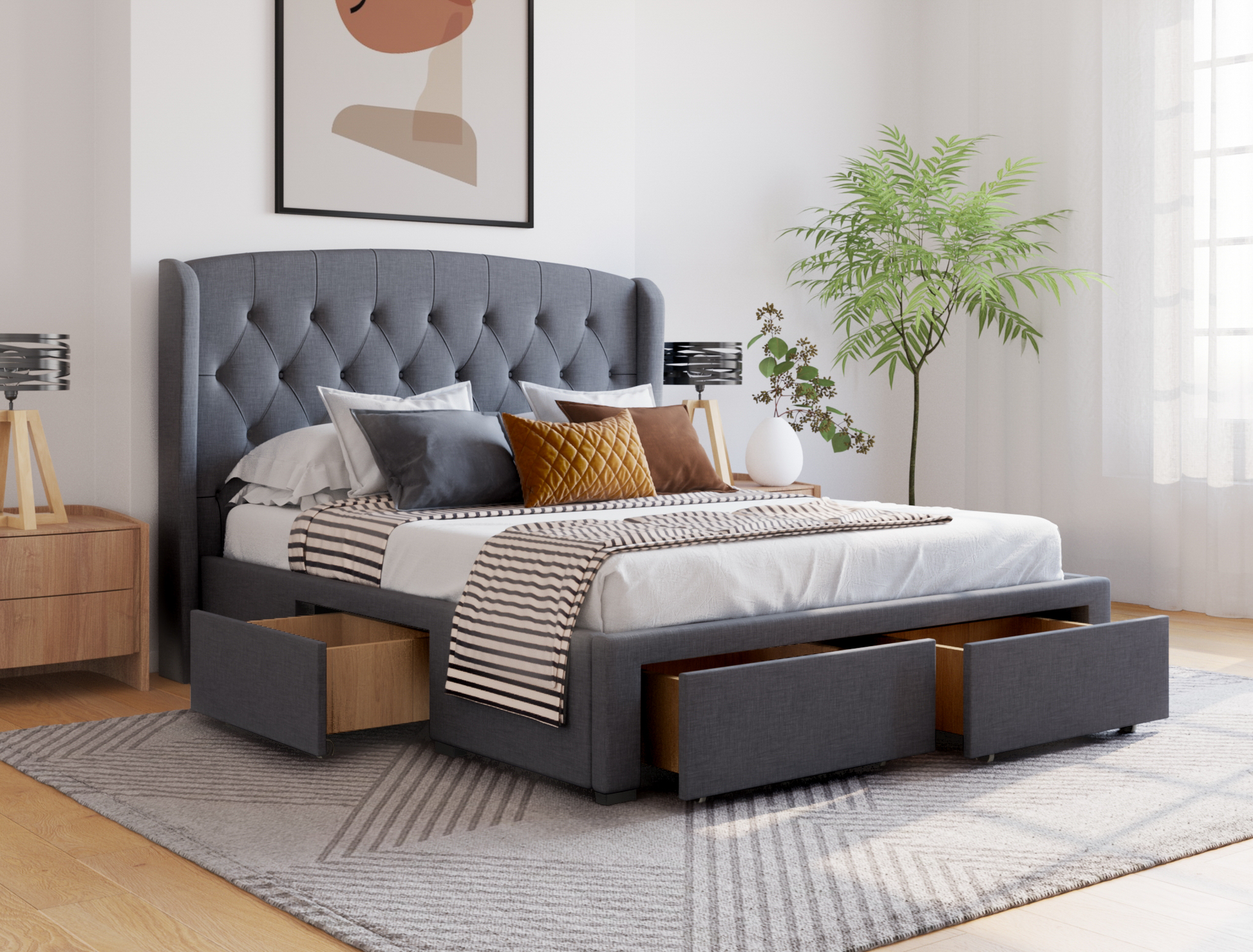 top view of a king bed frame with pillows and mattress in a bedroom from Isaak