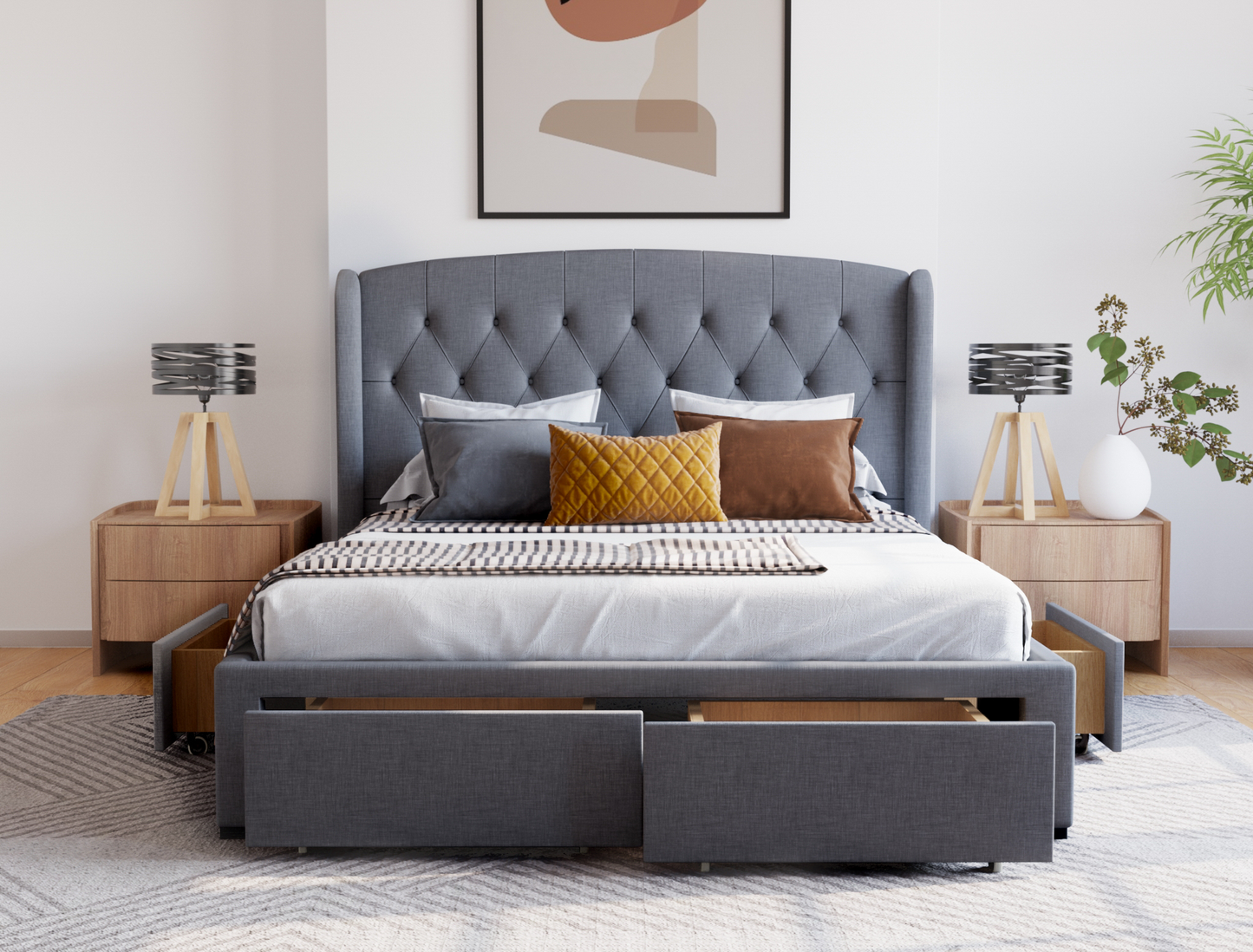 front view of a queen bed frame with pillows and mattress in a bedroom from Isaak