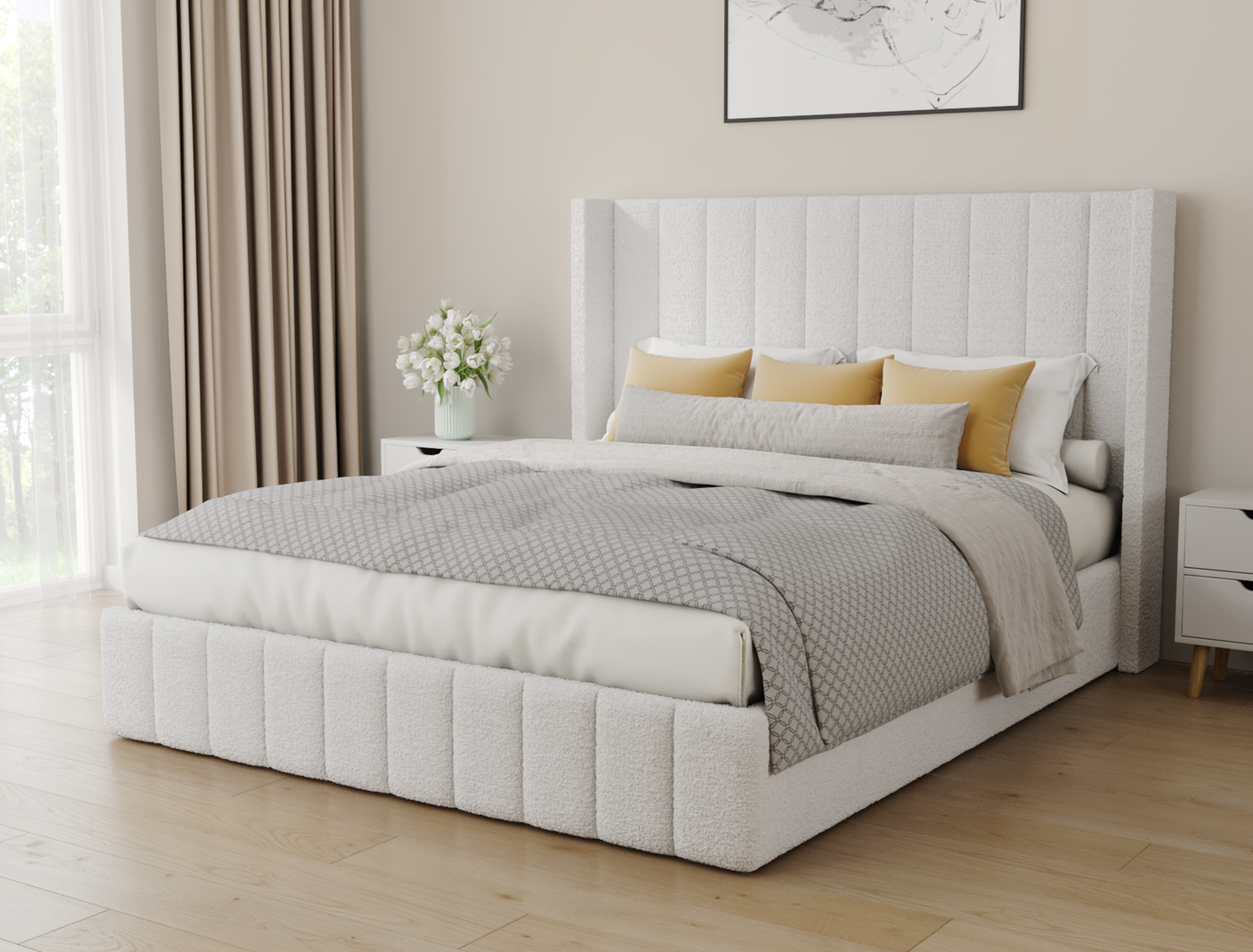 Marlene White Boucle Gas Lift Bed Frame