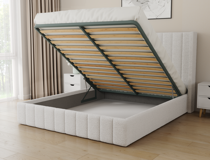 Marlene White Boucle Gas Lift Bed Frame