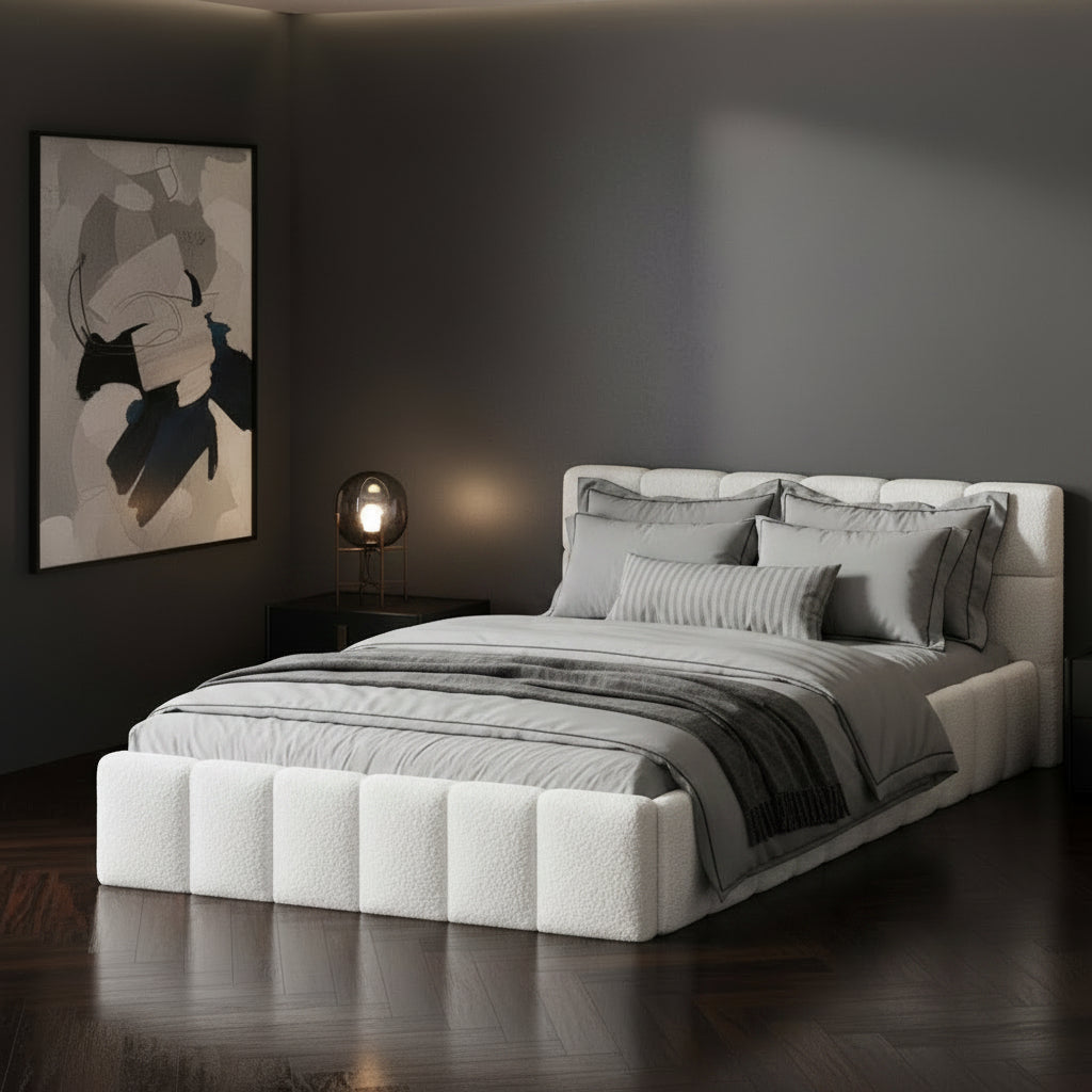 Veloura White Boucle Tufted Bed Frame