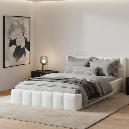 Veloura White Boucle Tufted Bed Frame
