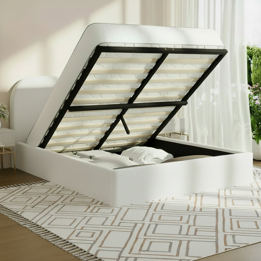 Lunaro White Boucle Gas Lift Bed Frame