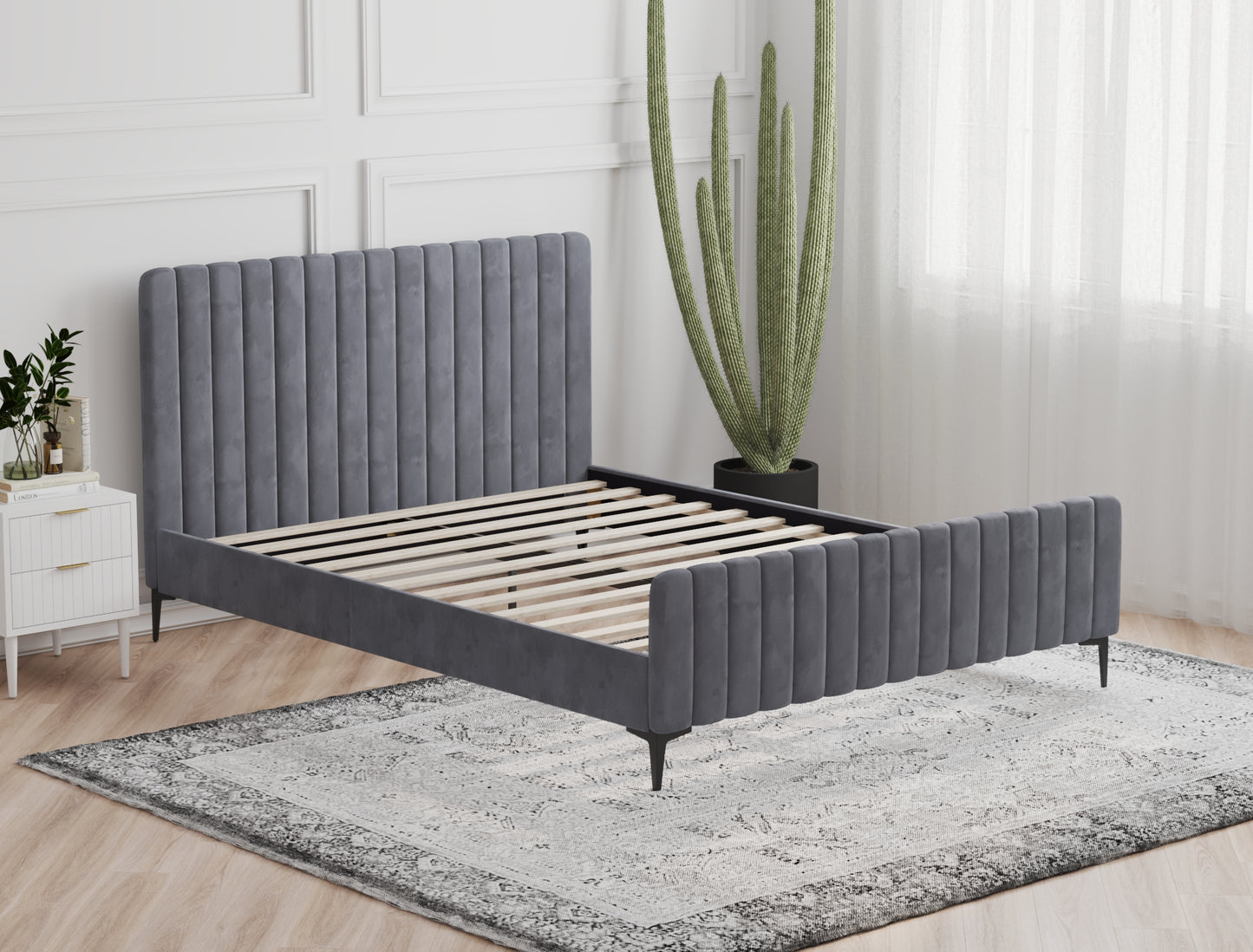 Astra Emily Grey Velvet Black Legs Bed Frame