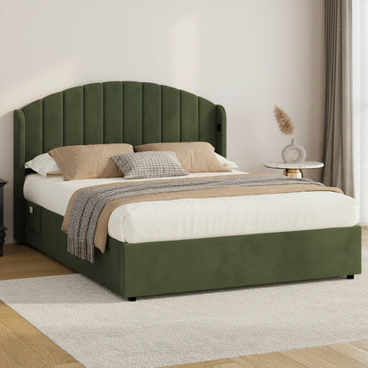 Aureline Green Velvet USB Gas Lift Bed Frame