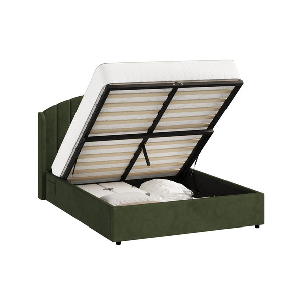 Aureline Green Velvet USB Gas Lift Bed Frame