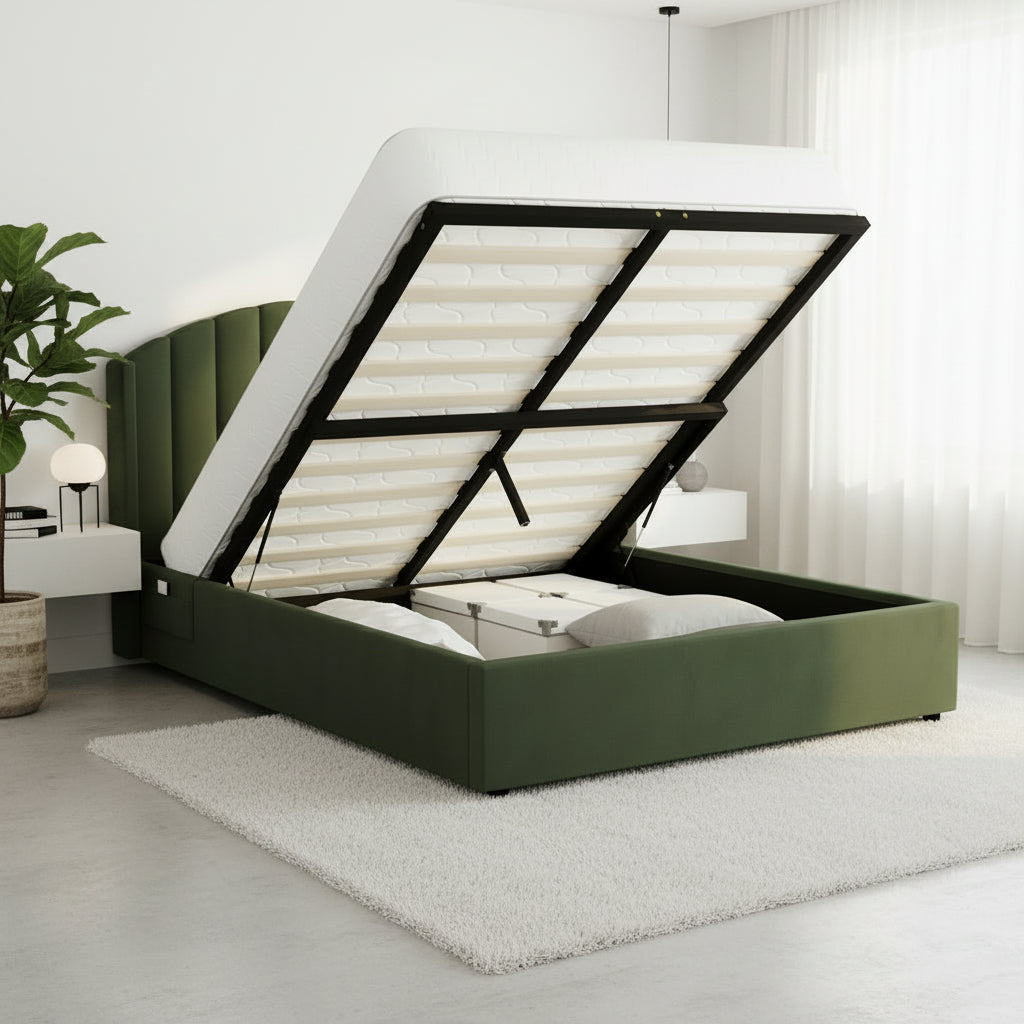 Aureline Green Velvet USB Gas Lift Bed Frame