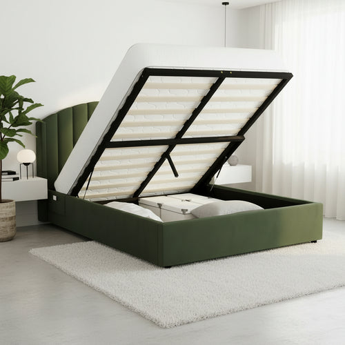 Aureline Green Velvet USB Gas Lift Bed Frame