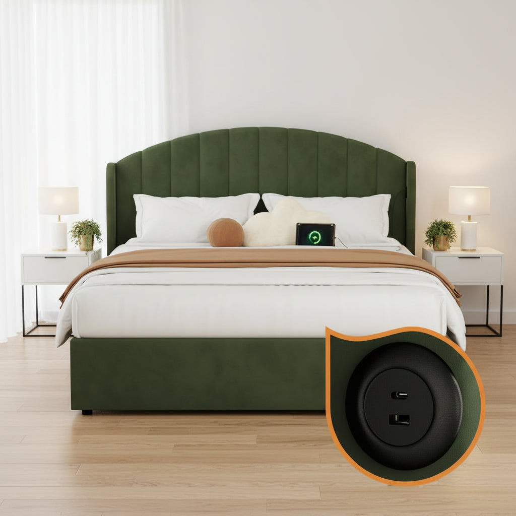 Aureline Green Velvet USB Gas Lift Bed Frame