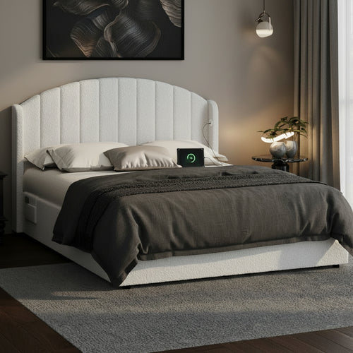 Aureline White Boucle USB Gas Lift Bed Frame