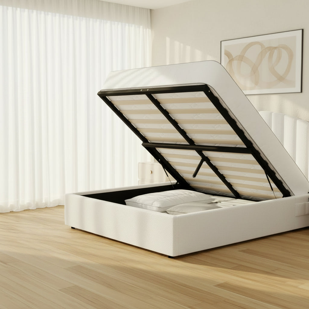 Aureline White Boucle USB Gas Lift Bed Frame