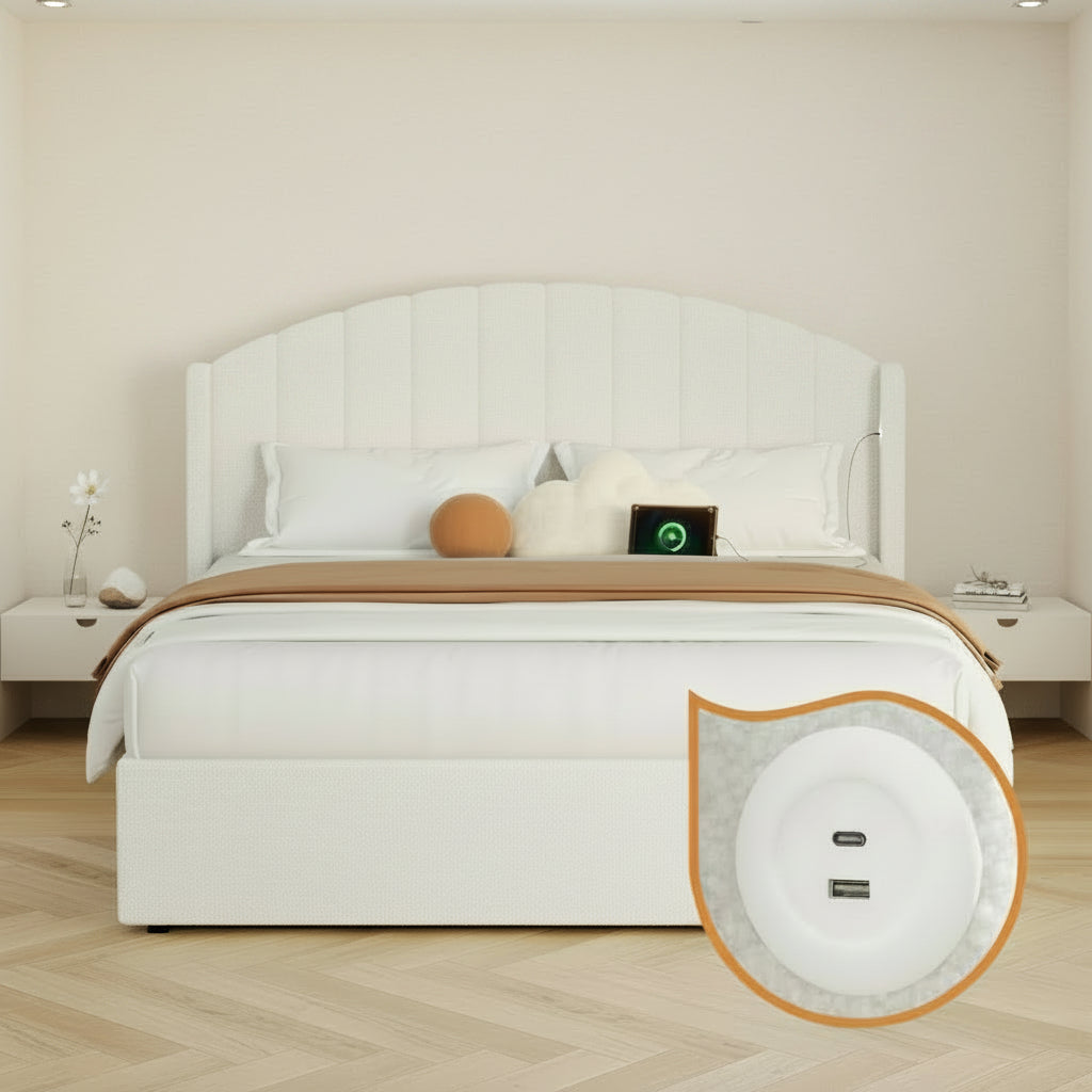 Aureline White Boucle USB Gas Lift Bed Frame