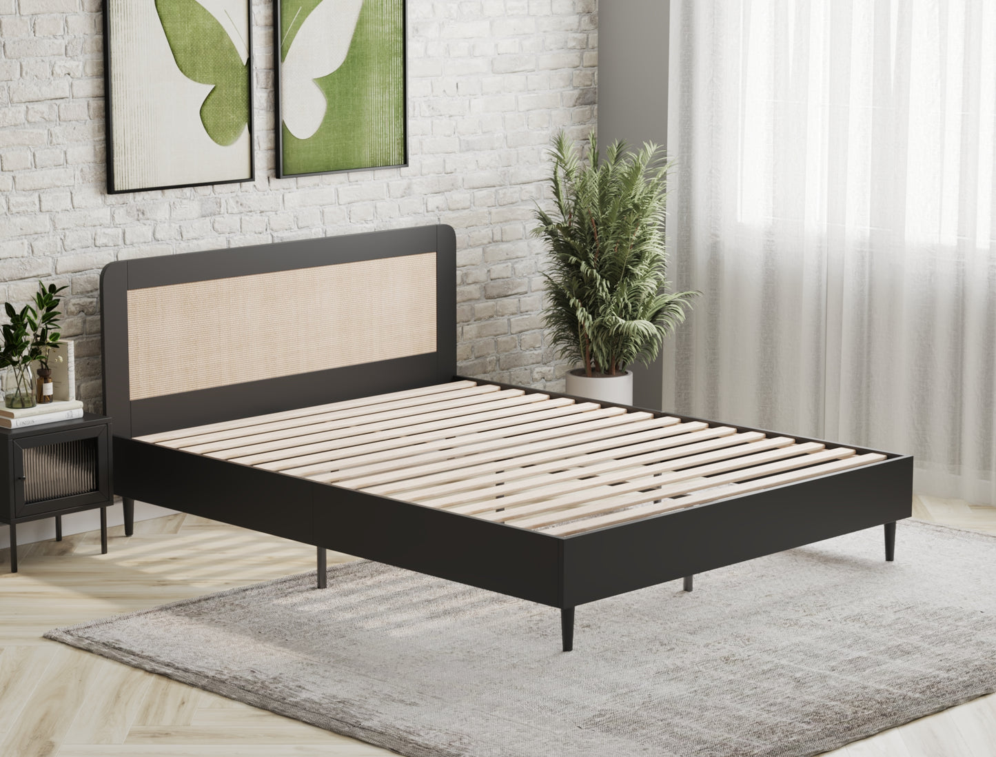 Venus Black Frame Wooden Rattan Natural Bed Frame