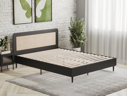 Venus Black Frame Wooden Rattan Natural Bed Frame