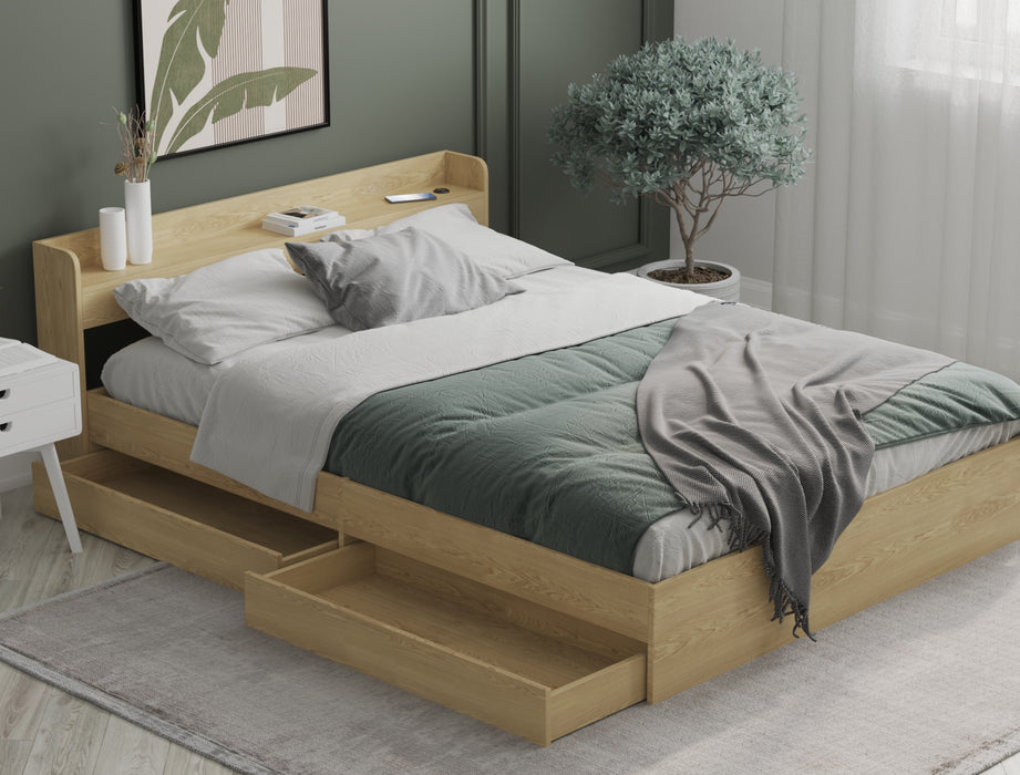 Ellisha Wooden Natural 2 x Drawer and USB Bed Frame