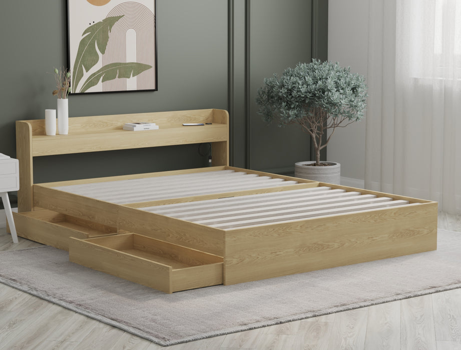 Ellisha Wooden Natural 2 x Drawer and USB Bed Frame