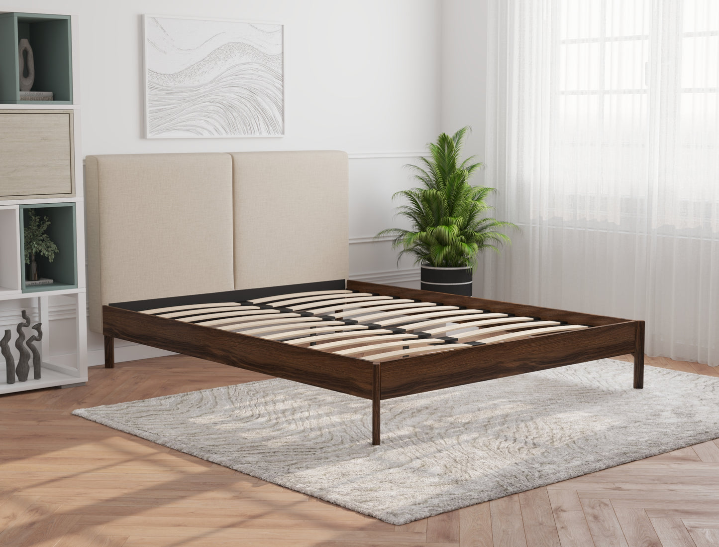 Isaak Beige White Oak Walnut Bed Frame