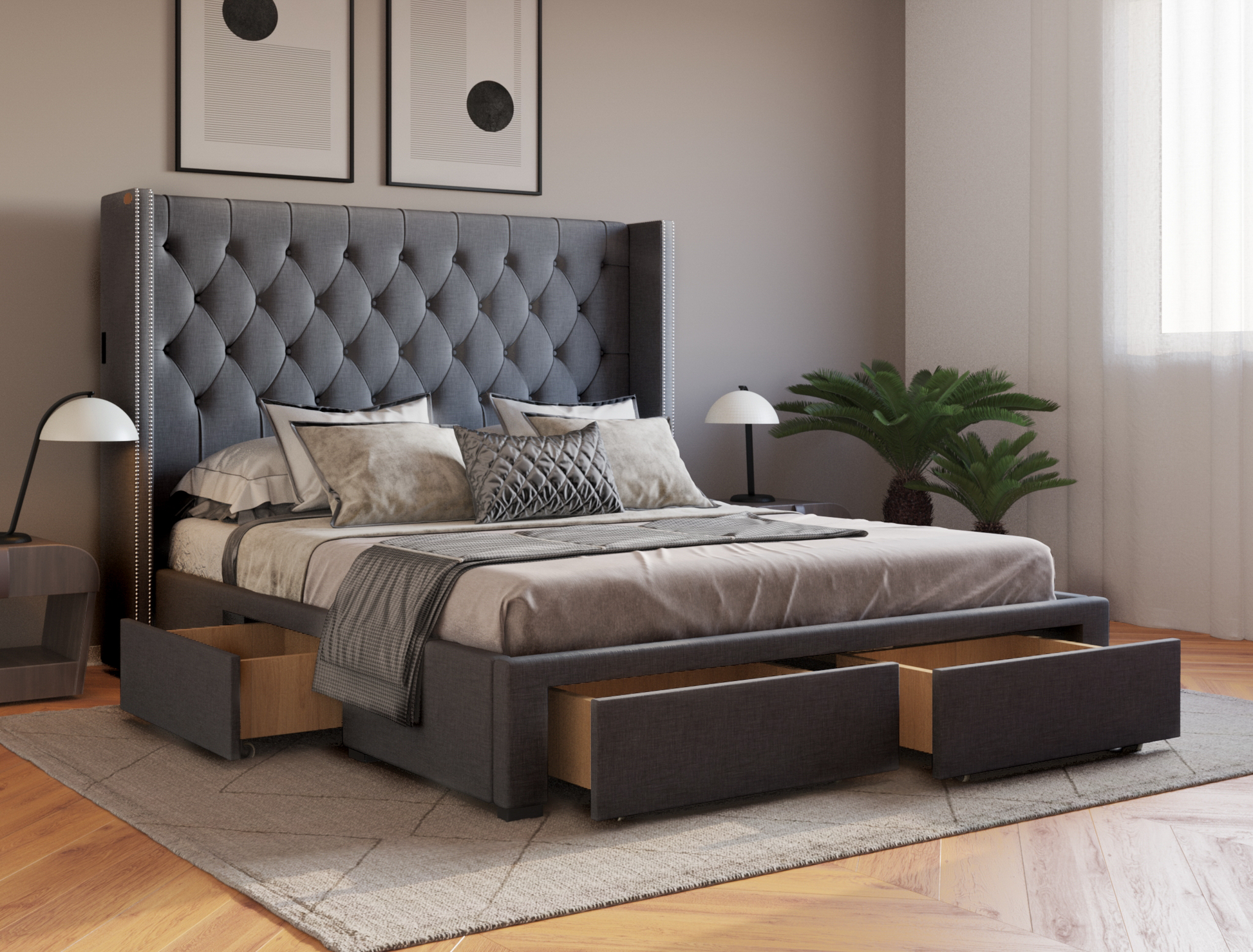 top view of a double bed frame with mattress and pillows in a bedroom from Isaak 2