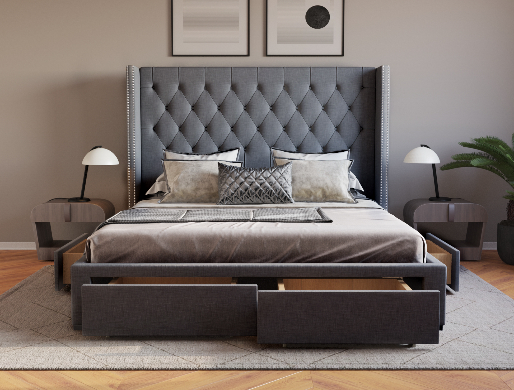 front view of a double bed frame with mattress and pillows in a bedroom from Isaak