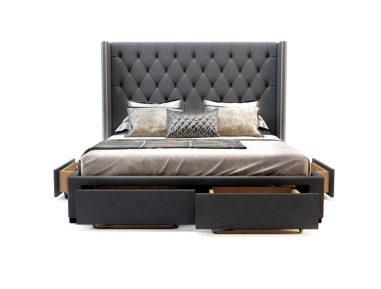 front view of a king bed frame with mattress and pillows in a white background from Isaak