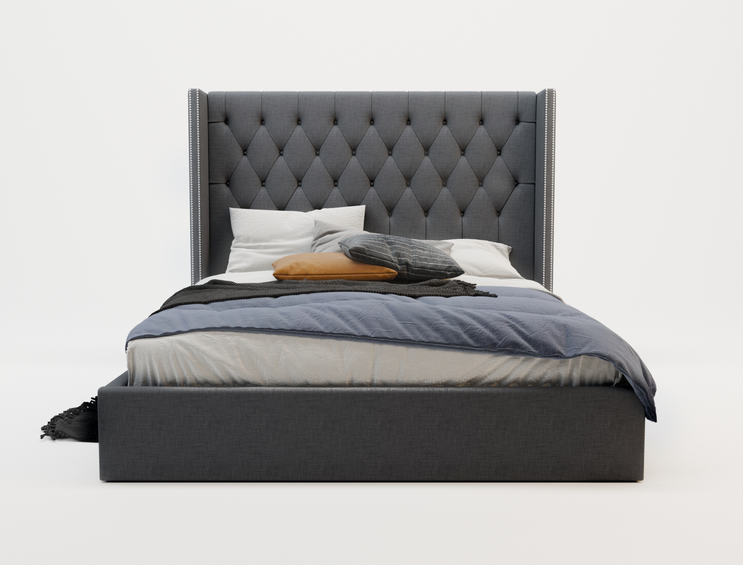 front view of a double bed frame with mattress and pillows in a white background from Isaak