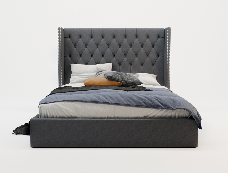 front view of a queen bed frame with mattress and pillows in a white background from Isaak