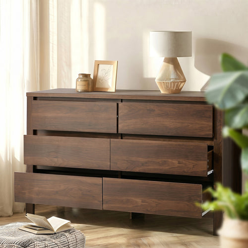 Rhea 6 Chest Of Drawer Lowboy Dresser Handle-Free Bedroom Walnut