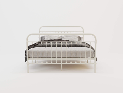 front view of a double bed frame with mattress and pillows in a white background from Isaak