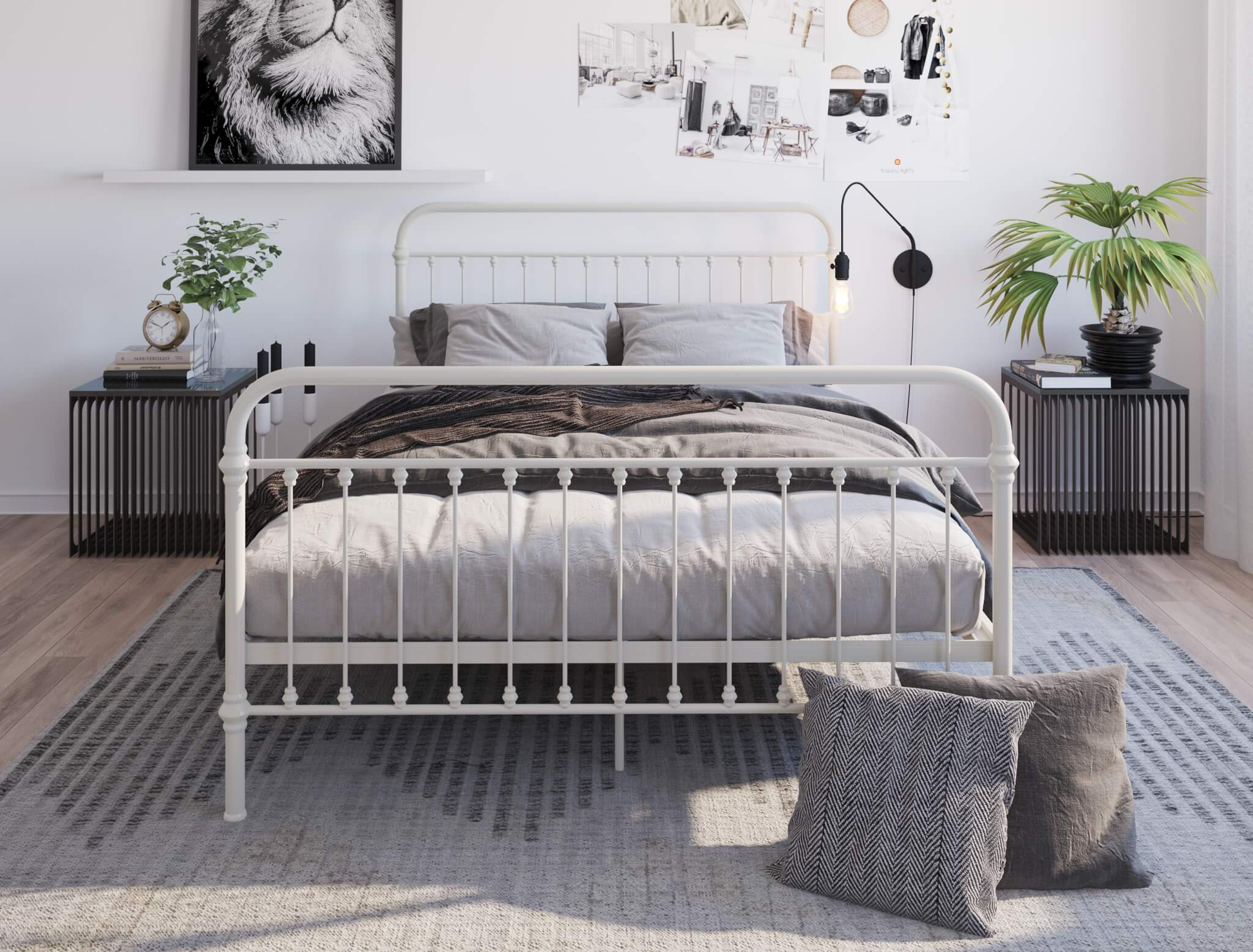 front view of a king bed frame with mattress and pillows in a bedroom from Isaak