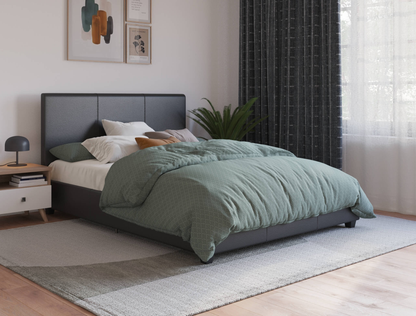 top view of a king bed frame with mattress and pillows in a bedroom from Isaak