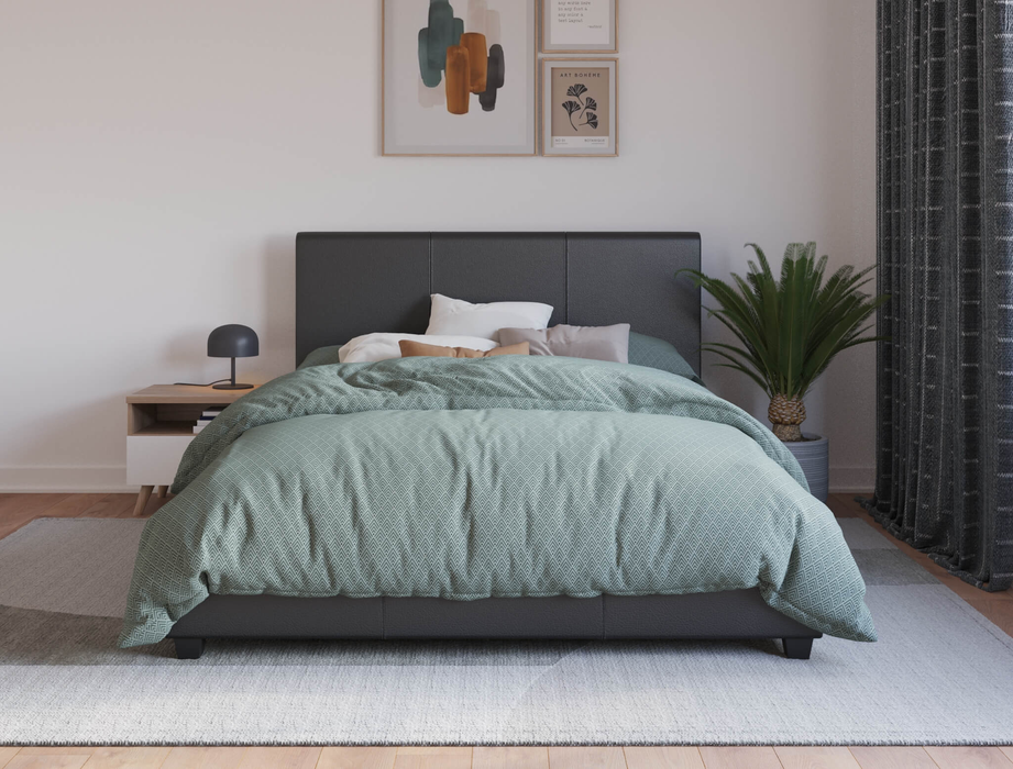 front view of a queen bed frame with mattress and pillows in a bedroom from Isaak