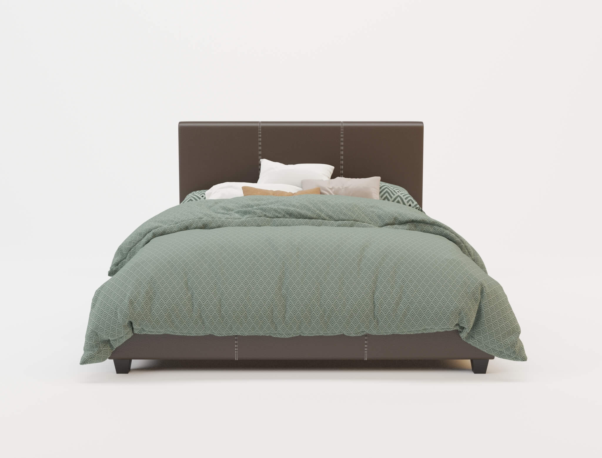 front view of a double bed frame with mattress and pillows in a white background from Isaak