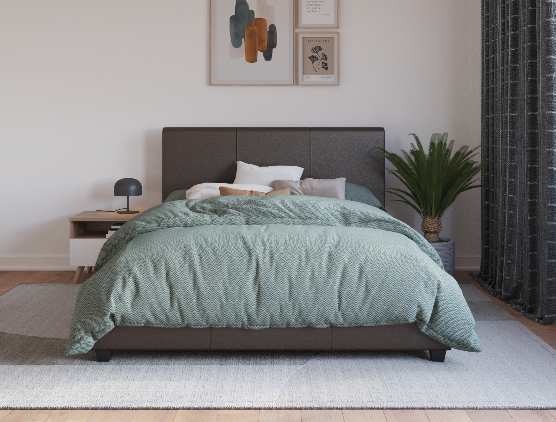 front view of a king bed frame with mattress and pillows in a bedroom from Isaak