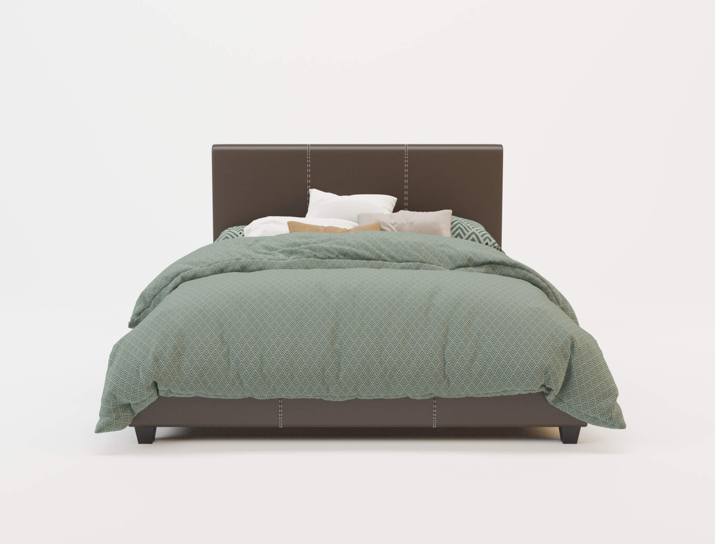 front view of a king bed frame with mattress and pillows in a white background from Isaak