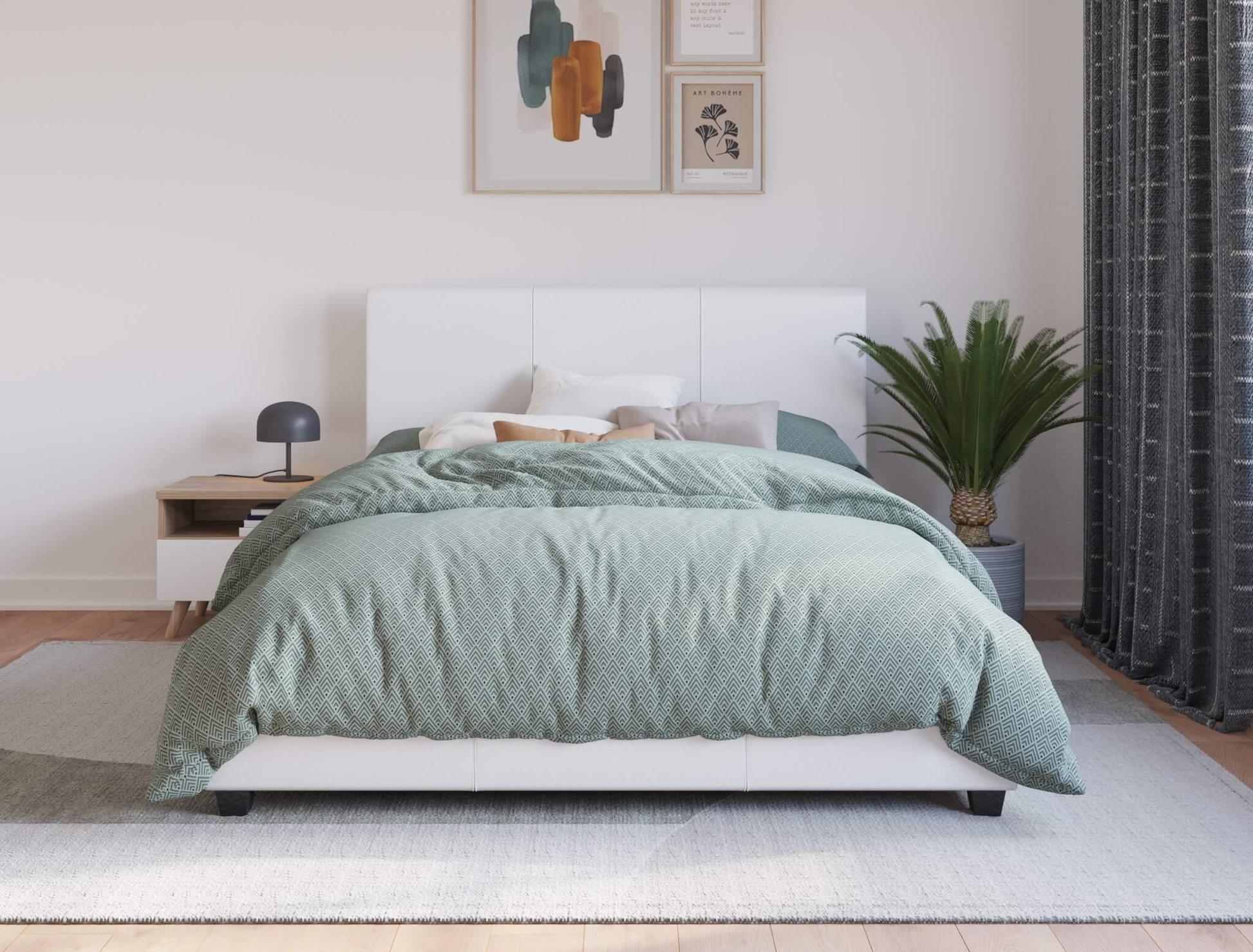 front view of a double bed frame with mattress and pillows in a bedroom from Isaak