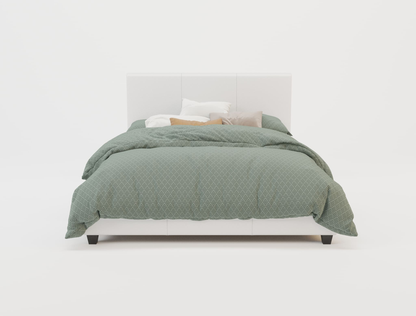 front view of a double bed frame with mattress and pillows in a white background from Isaak