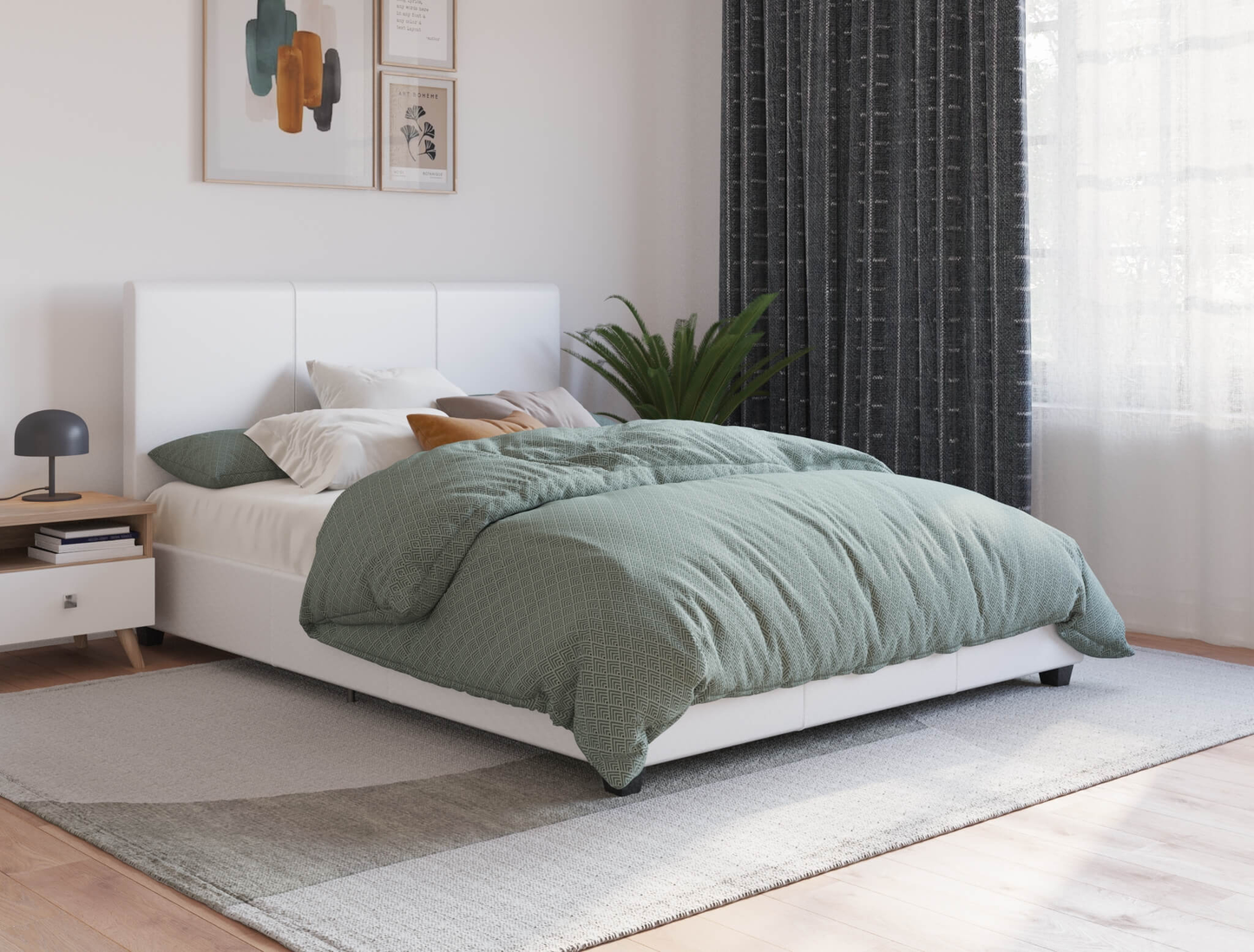 top view of a king bed frame with mattress and pillows in a bedroom from Isaak