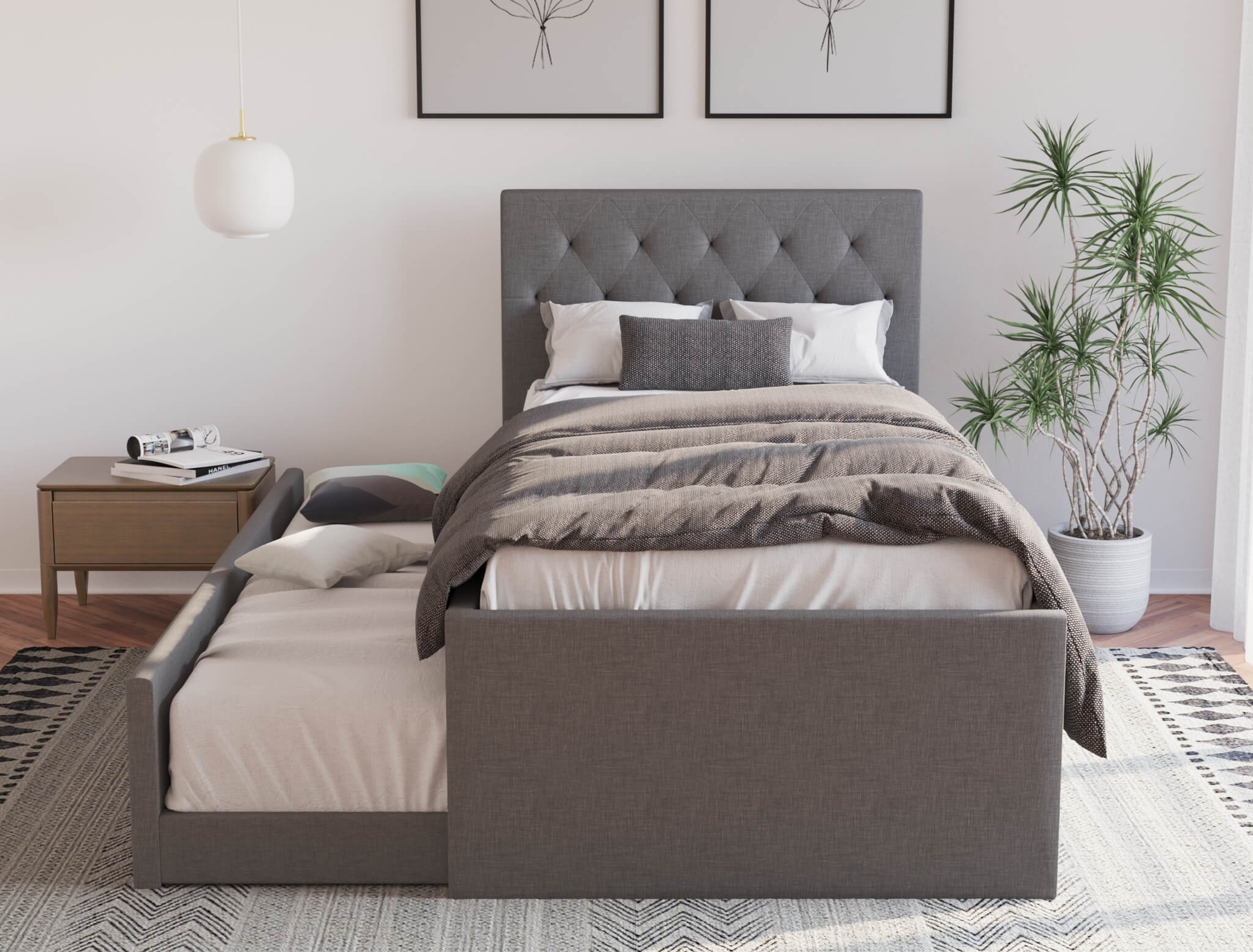 front view of a king single bed frame with mattress and pillows in a bedroom from Isaak