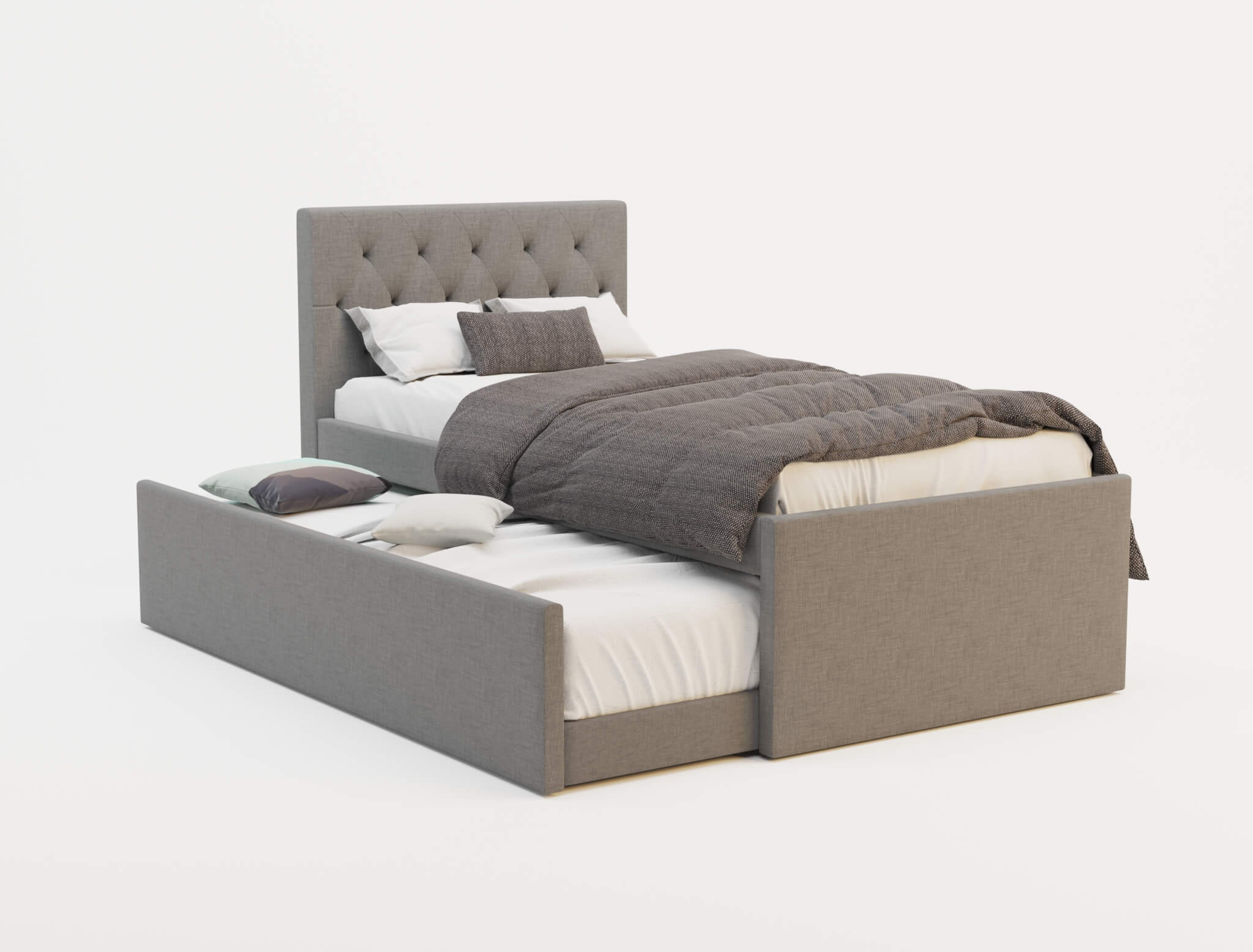 top view of a king single bed frame with mattress and pillows in a white background from Isaak 2