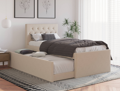 top view of a king single bed frame with mattress and pillows in a bedroom from Isaak