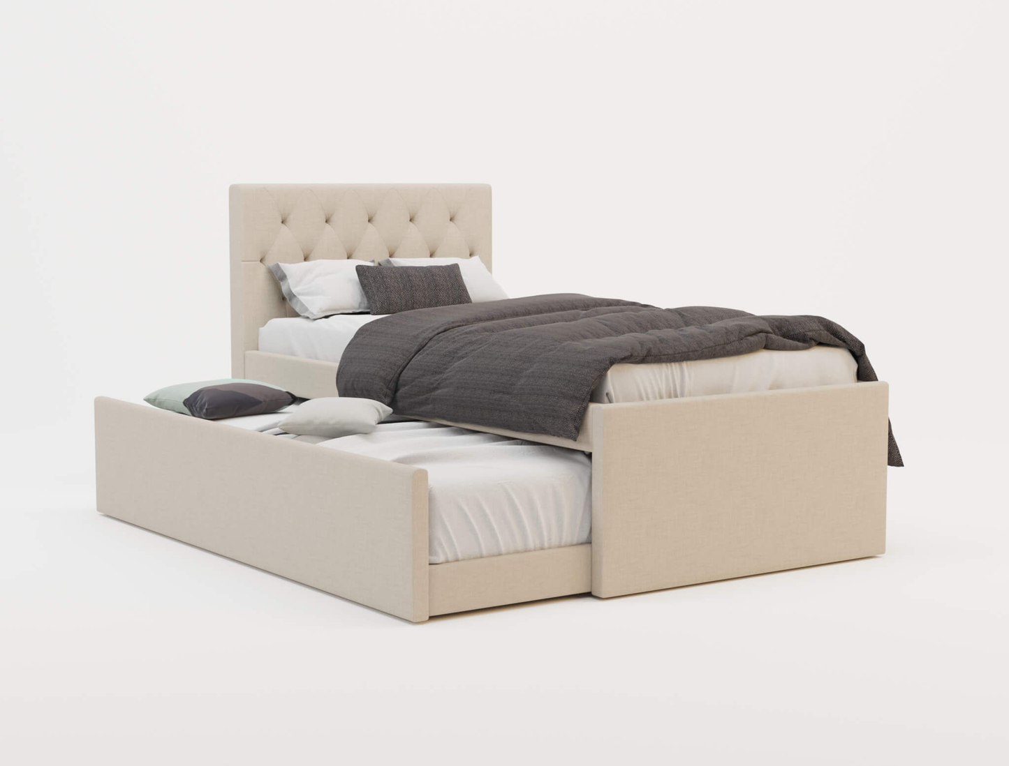 top view of a king single bed frame with mattress and pillows in a white background from Isaak 2