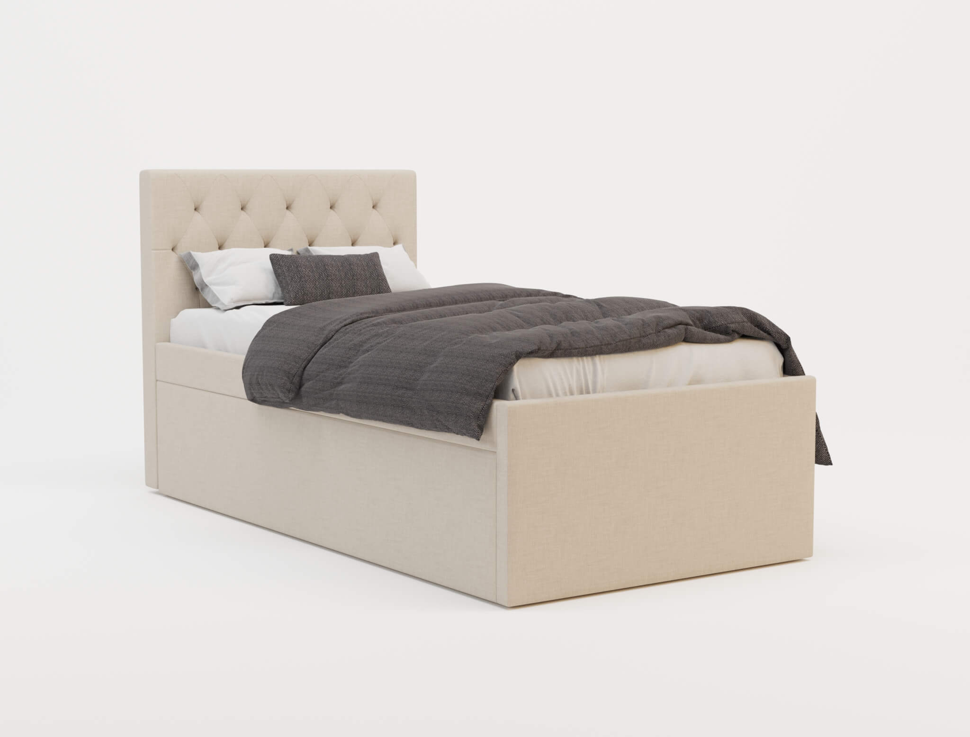 top view of a king single bed frame with mattress and pillows in a white background from Isaak 3