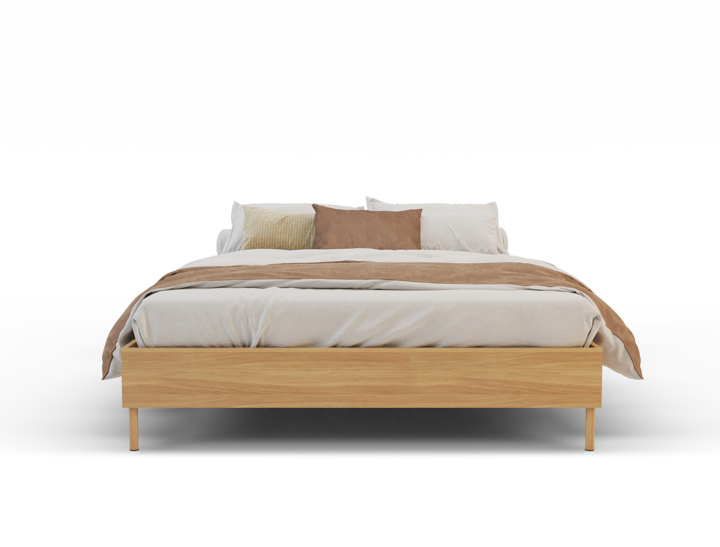 front view of a double bed frame with mattress and pillows in a white background from Isaak