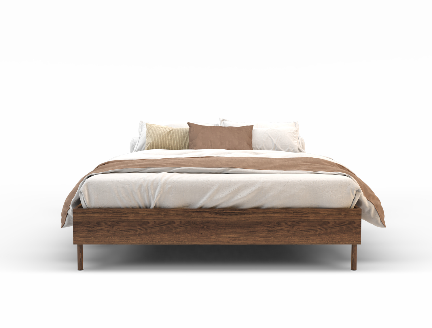 front view of a king bed frame with mattress and pillows in a white background from Isaak