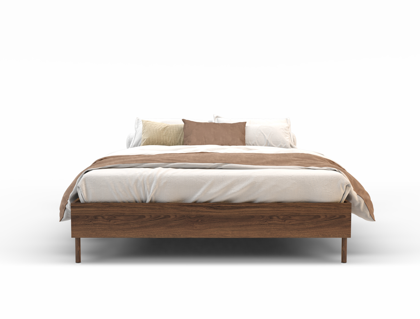 front view of a king single bed frame with mattress and pillows in a white background from Isaak