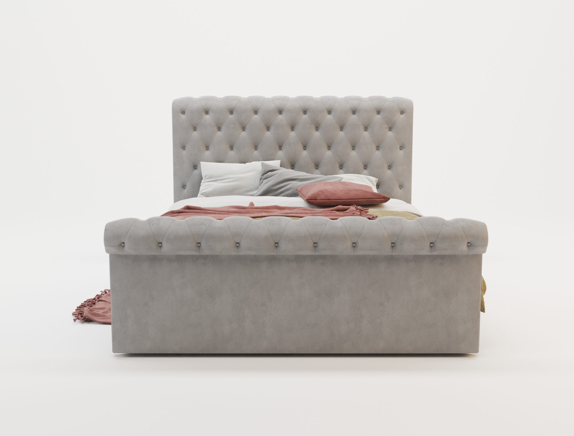 front view of a double bed frame with mattress and pillows in a white background from Isaak