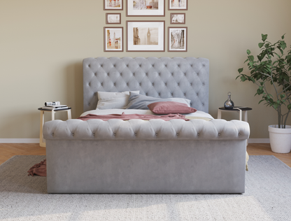 front view of a queen bed frame with mattress and pillows in a bedroom from Isaak