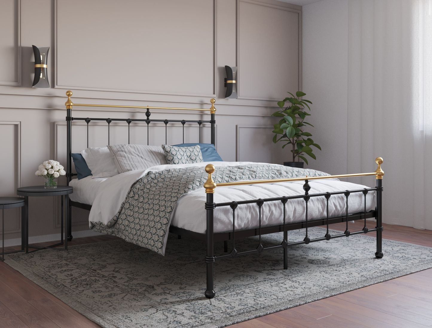 top view of a double bed frame with mattress and pillows in a bedroom from Isaak